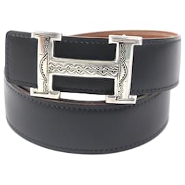Hermès-Hermes Silver H Logo Reversible Belt-Black