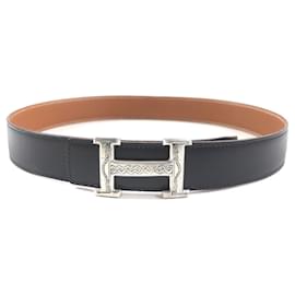 Hermès-Hermes Silver H Logo Reversible Belt-Black