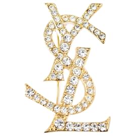 Yves Saint Laurent-Saint Laurent YSL Logo Rhinestone Pin Brooch Gold-Golden,Metallic