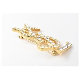 Yves Saint Laurent-Saint Laurent YSL Logo Rhinestone Pin Brooch Gold-Golden,Metallic