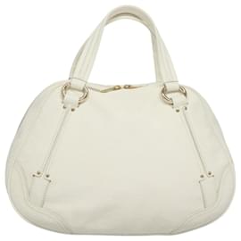 Céline-CELINE Hand Bag Leather White Gold Auth MY434-White,Golden