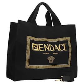 Fendi-Sac tote en toile FENDI VERSACE Collaboration Fenderche 2way Noir Auth bs23664-Noir
