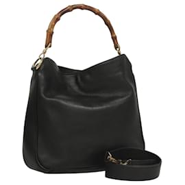 Gucci-GUCCI Bamboo Hand Bag Leather 2way Black Gold 001 3444 1638 Auth BA755-Black,Golden