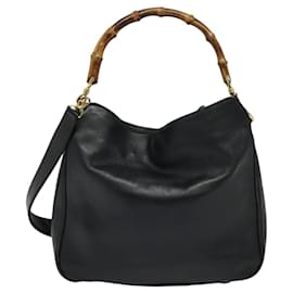 Gucci-GUCCI Bamboo Hand Bag Leather 2way Black Gold 001 3444 1638 Auth BA755-Black,Golden