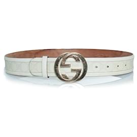 Gucci-Gucci, monogram canvas and leather GG buckle belt-White,Other