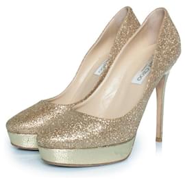 Jimmy Choo-Jimmy Choo, Fabric glitter platform pumps in gold-Golden