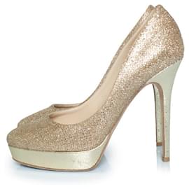 Jimmy Choo-Jimmy Choo, Fabric glitter platform pumps in gold-Golden
