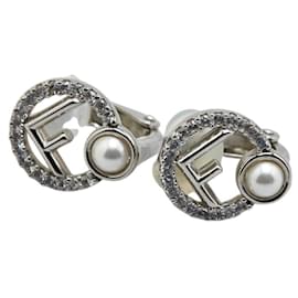 Fendi-Fendi Metal Zircon Pearl Earrings 8AK517-Silvery,Metallic