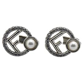 Fendi-Fendi Metal Zircon Pearl Earrings 8AK517-Silvery,Metallic