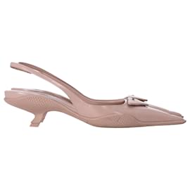 Prada-Prada Spazzolato Triangle Logo Pointed Toe 45mm Slingback Pumps in Beige Leather-Beige