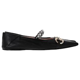 Gucci-Gucci Deva Horsebit Chain Ballerina Flats in Black Leather-Black