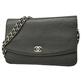 Chanel-Chanel Black Grained Calfskin Shoulder Wallet-Black
