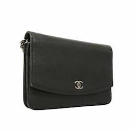 Chanel-Chanel Black Grained Calfskin Shoulder Wallet-Black
