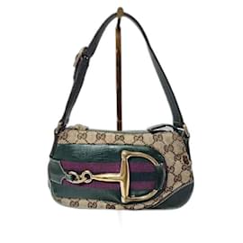 Gucci-Gucci GG Canvas Hasler Pochette Shoulder Bag Beige/Green-Beige,Green