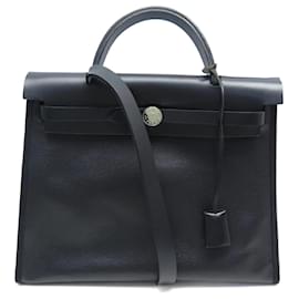 Hermès-SAC A MAIN HERMES HERBAG 31 SELLIER EN TOILE & CUIR NOIR BANDOULIERE PURSE BAG-Noir