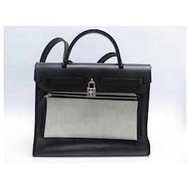 Hermès-HERMES HERBAG 31 SELLIER BLACK CANVAS & LEATHER SHOULDER PURSE BAG-Black