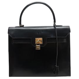Hermès-VINTAGE HERMES KELLY MONACO 30 SELLIER BLACK BOX LEATHER GOLD PLATE BAG-Black
