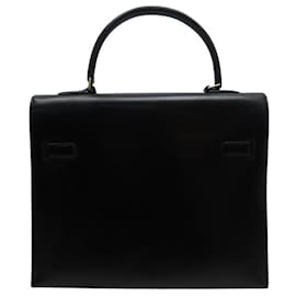 Hermès-VINTAGE HERMES KELLY MONACO 30 SELLIER BLACK BOX LEATHER GOLD PLATE BAG-Black