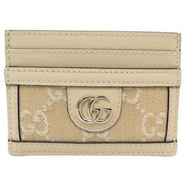 Gucci-NINE GUCCI OPHIDIA GG 523159 CANVAS AND LEATHER CARD HOLDER WALLET-Beige