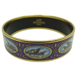 Hermès-VINTAGE HERMES BRACELET IN PRINTED ENAMEL LARGE PHASANT BIRDS MOTIF BANGLE-Golden