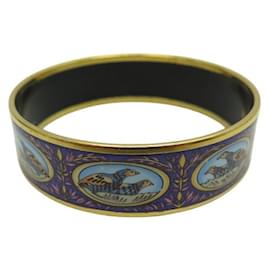 Hermès-VINTAGE HERMES BRACELET IN PRINTED ENAMEL LARGE PHASANT BIRDS MOTIF BANGLE-Golden