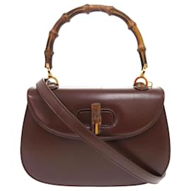 Gucci-Gucci Bamboo Leather Handbag-Dark brown