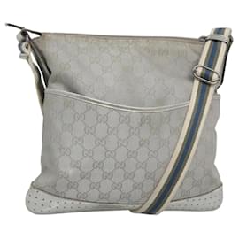 Gucci-GUCCI GG Canvas Sherry Line Shoulder Bag Gray Silver blue 145857 Auth bs23771-Brown,Silvery,Blue
