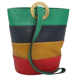 Céline-CELINE Shoulder Bag Leather Embossed Green Yellow Red Auth BA973-Red,Green,Yellow