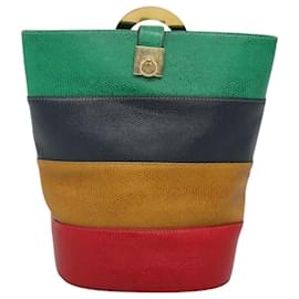 Céline-CELINE Shoulder Bag Leather Embossed Green Yellow Red Auth BA973-Red,Green,Yellow