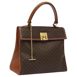Céline-CELINE Macadam Canvas Hand Bag PVC Leather Brown Gold Auth MY275-Brown,Golden