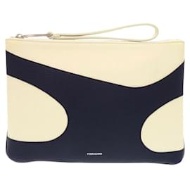 Salvatore Ferragamo-Salvatore Ferragamo Leather Clutch Bag-Cream,Navy blue