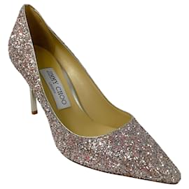 Jimmy Choo-Jimmy Choo Light Pink / Silver Metallic Coarse Glitter Fabric Pointy Toe Romy 85 Pumps-Metallic
