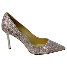 Jimmy Choo-Jimmy Choo Light Pink / Silver Metallic Coarse Glitter Fabric Pointy Toe Romy 85 Pumps-Metallic