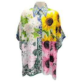 Dolce & Gabbana-Dolce & Gabbana Blue / Yellow Multi Sunflower Print Oversized Silk Majolica Top-Multiple colors