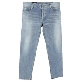 Balmain- Balmain Logo Mid-Rise Straight-Leg Jeans in Blue Cotton-Blue,Light blue