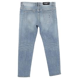 Balmain- Balmain Logo Mid-Rise Straight-Leg Jeans in Blue Cotton-Blue,Light blue