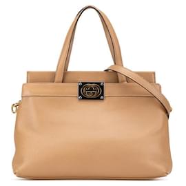 Gucci-Gucci Leather Interlocking G Handbag 2WAY-Brown,Beige