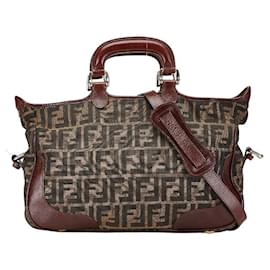 Fendi-Sac à main 2WAY en toile et cuir Zucca de Fendi-Marron