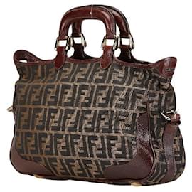 Fendi-Sac à main 2WAY en toile et cuir Zucca de Fendi-Marron
