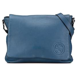 Gucci-Gucci Interlocking G Leather Shoulder Bag-Blue
