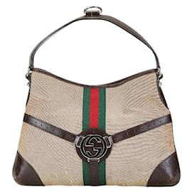Gucci-Gucci Interlocking G Shoulder Bag Canvas Leather-Brown,Beige