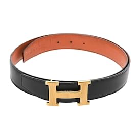 Hermès-Hermes H Belt with Gold Buckle-Black,Orange