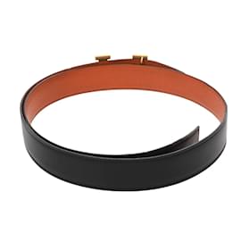 Hermès-Hermes H Belt with Gold Buckle-Black,Orange