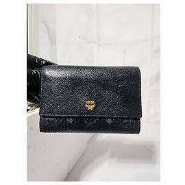 MCM Visetos Coated Canvas and Leather Flap Trifold Wallet Black/Grey Black Grey