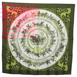 Hermès-HERMES Carre 90 Scarf LA PROMENADE DE LONGCHAMPS Silk Red White Auth ki5598-White,Red