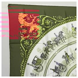 Hermès-HERMES Carre 90 Scarf LA PROMENADE DE LONGCHAMPS Silk Red White Auth ki5598-White,Red