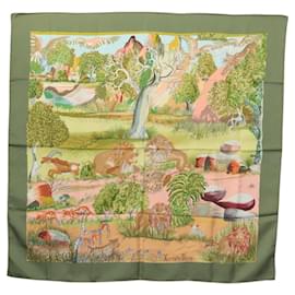 Hermès-HERMES Carre 90 Scarf Nuba Mountain Silk Green Auth ki5655-Green