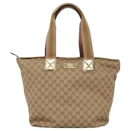 Gucci-GUCCI GG Canvas Sherry Line Tote Bag Beige Gold 131231 Auth BD1281-Beige,Golden