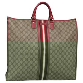 Gucci-GUCCI GG Supreme Hand Bag PVC Beige Red gold 201445 Auth 116108-Red,Beige,Golden