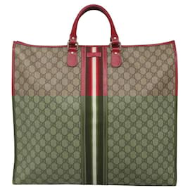 Gucci-GUCCI GG Supreme Hand Bag PVC Beige Red gold 201445 Auth 116108-Red,Beige,Golden